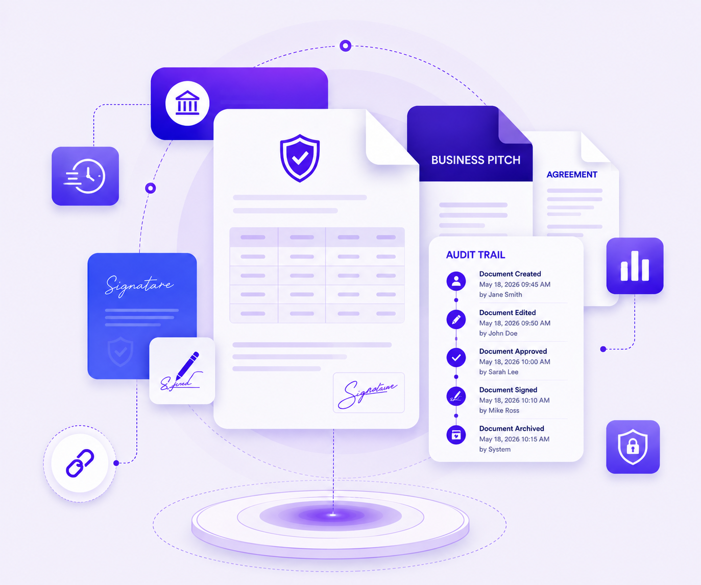 [Image: Audit trail dashboard with Merkle hash chain visualization and timestamped events]