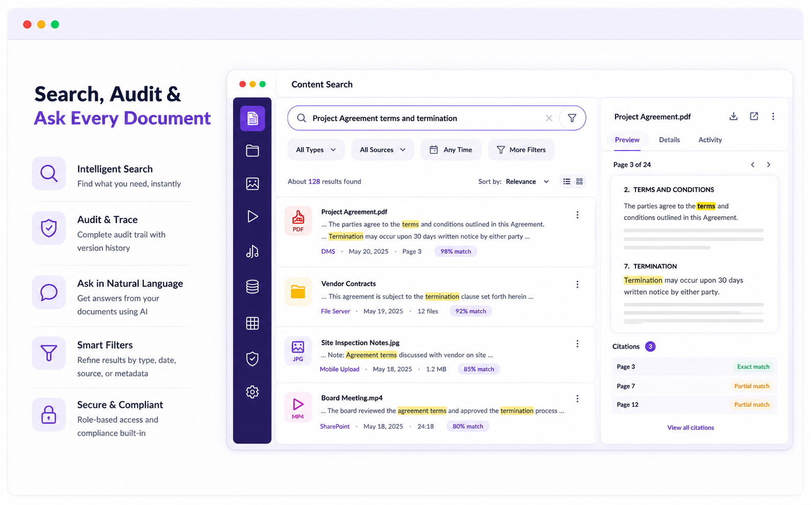 [Image: DocuTalk conversation interface with a user question, cited answer, and source document references]