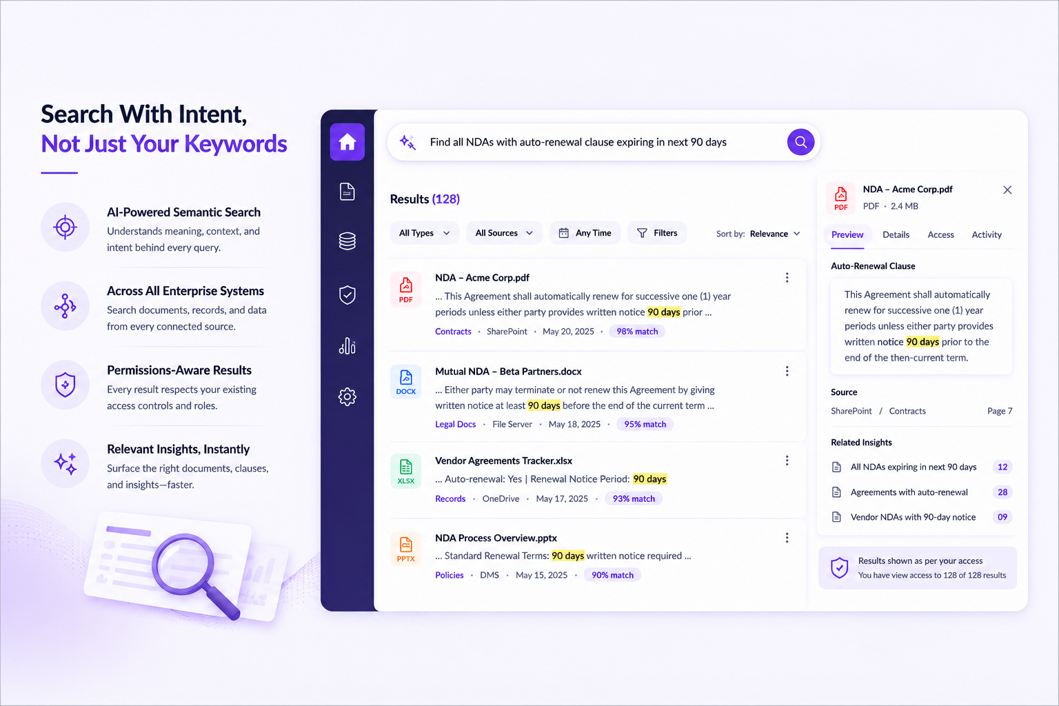 [Image: Semantic search results panel with ranked hits, snippet previews, and source filters]