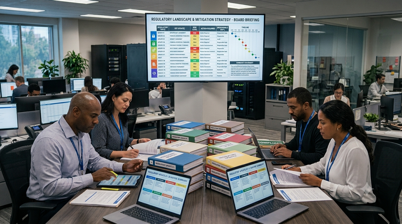 Compliance officer reviews 12 regulatory updates and produces a board briefing in one session